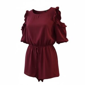 Bebop Cold Shoulder Ruffle Romper - Burgundy Wine - XL